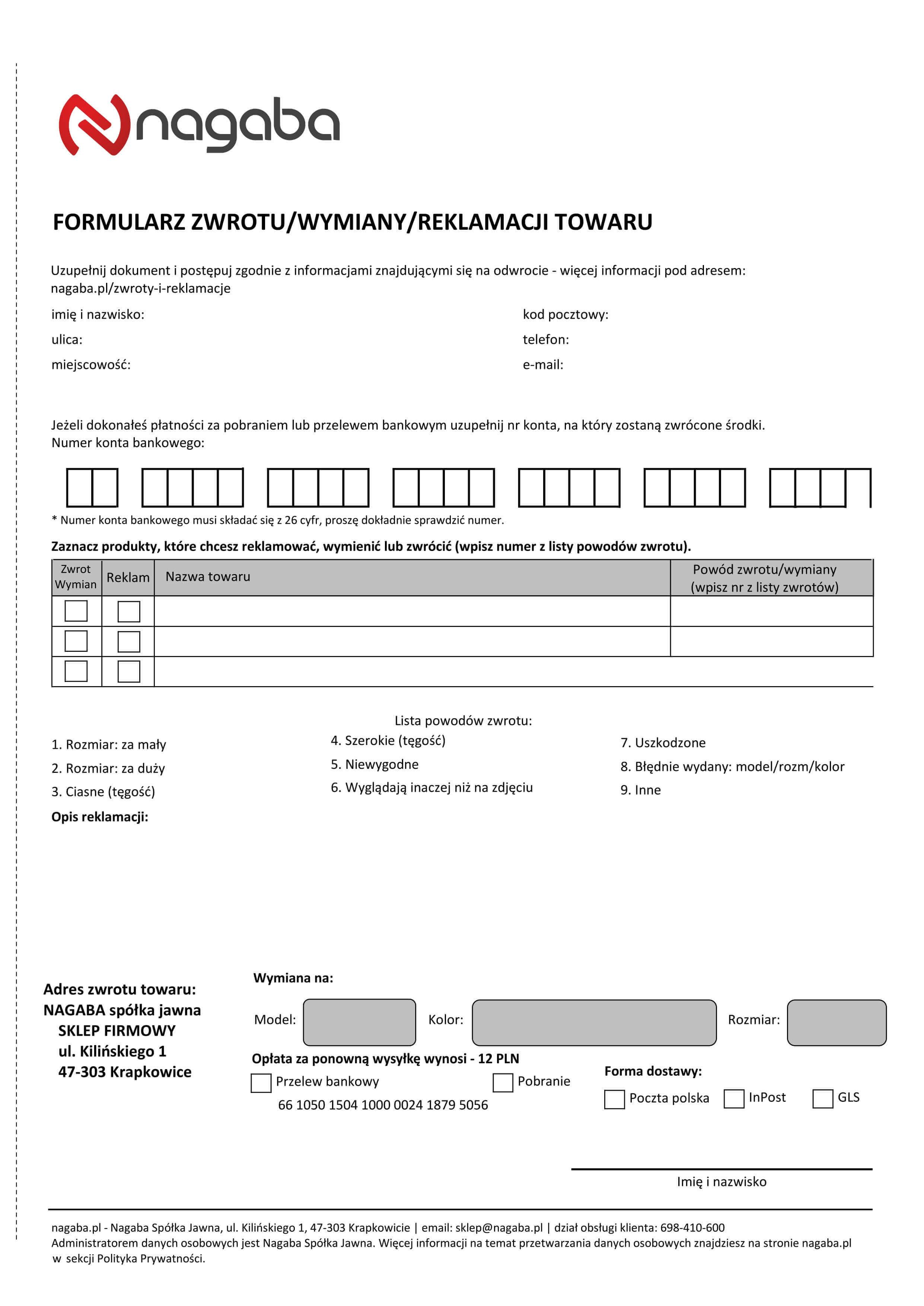 Zwroty i reklamacje - Nagaba